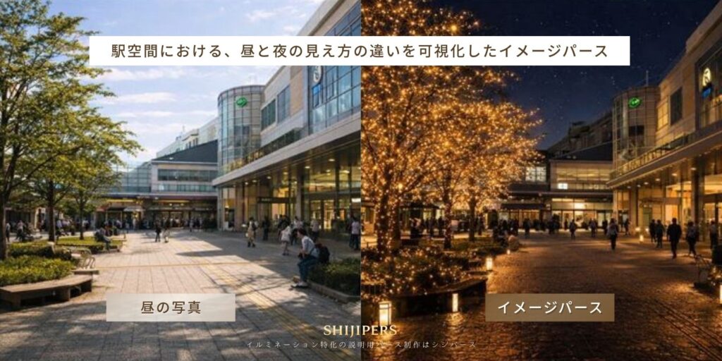 駅空間における昼の現地写真と夜のイルミネーション完成イメージを比較したイルミネーションパース。施工前に昼夜の見え方の違いを可視化した例
